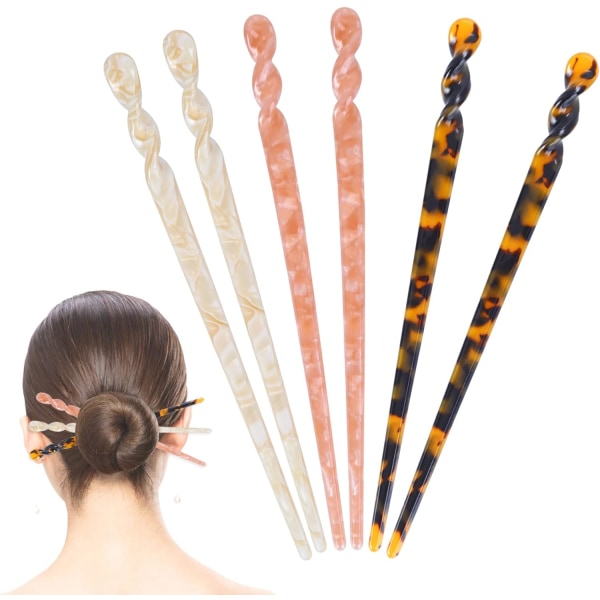6 stk Acetat hårpinner Vintage hårnål spisepinne leopardtrykk skilpaddeskall hårnåler lange kinesiske hårnåler for kvinner jenter bolle frisyrer