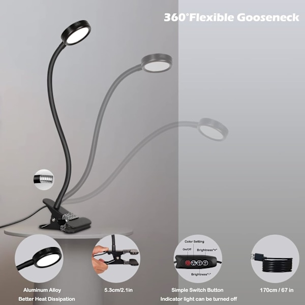 Klipplampa UCB LED-skrivbordslampa läslampa klämbordssäng med adapter ljusstyrka ögonvårdande justering för kontor och hem 360° flexibel svart