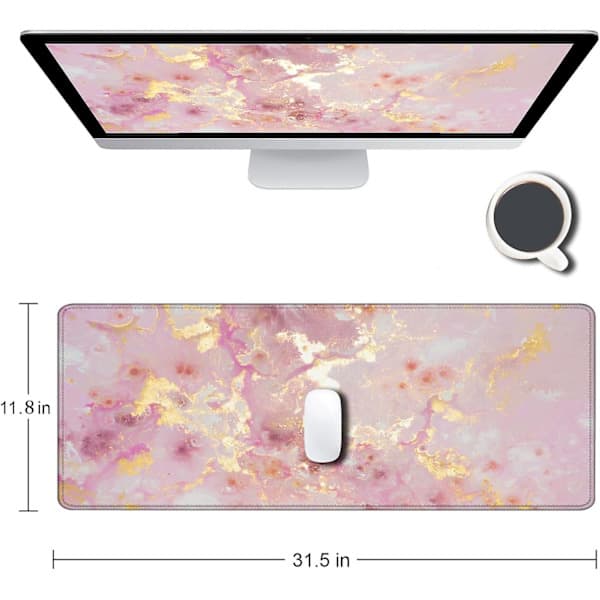 Large Mouse Pad, Cute Pink Desk Mat for Computer, Marble Keyboard Mouse Mat, Non-Slip Rubber Base