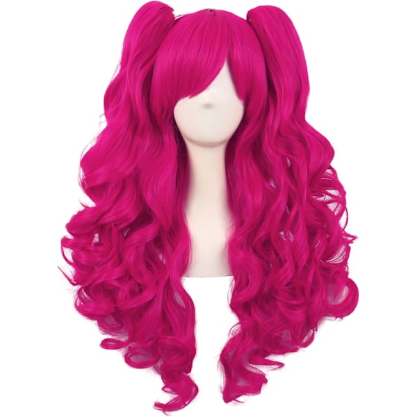 70 cm Lolita Lång Lockig 2 Hästsvansar Clip on Cosplay Peruk (Hot Pink) pink