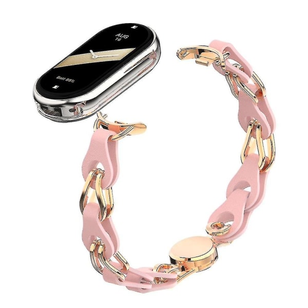 Til Xiaomi Smart Band 8 magnetisk urbånd Ægte ko læder + kædearmbånd i aluminiumlegering Pink