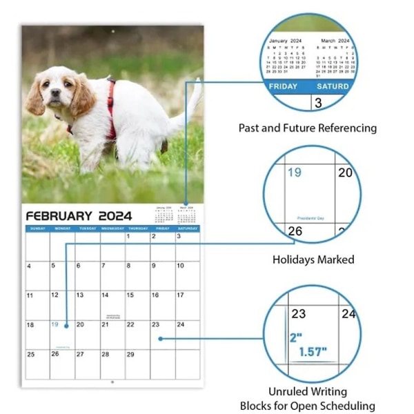 2024-kalender – 12 månedlige pooping-hunder-kalender 2024, januar 2024 – desember 2024, Funny Dog Wall Calendar Gag-gaver, perfekt hvit elefantgave