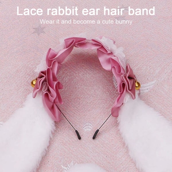 Flæsede blondehovedbånd Aftageligt plys kaninøre-hårbånd Sød sløjfepige hovedstykke til fest White- - pink