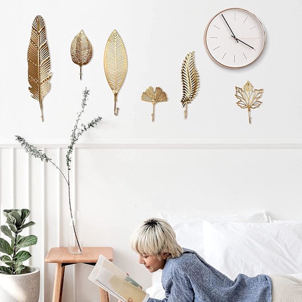 Set med 7 dekorativa bladjärnkrokar Extra stor väggmonterad växtmodern nyckelhållare Guld Enstaka krok Klädhängare För hallar, Vardagsrum Guld -