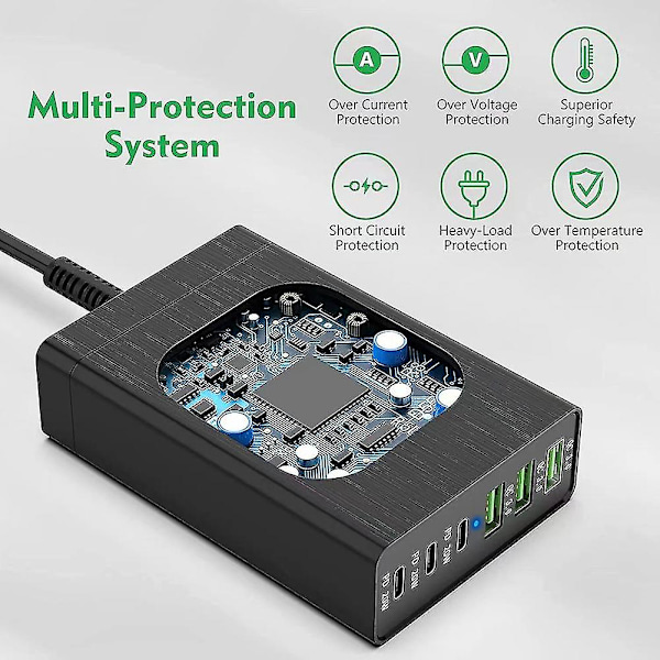96w 6-port skrivebords USB-ladestasjon med 3 USB-C-porter og Qc3.0-porter, 20w hurtiglader EU-plugg