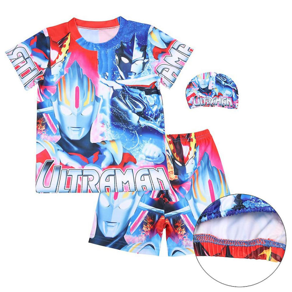 Barn Pojkar Ultraman Baddräkt Badkläder T-shirts Elastiska shorts Cap 3st/ set 4-5Years