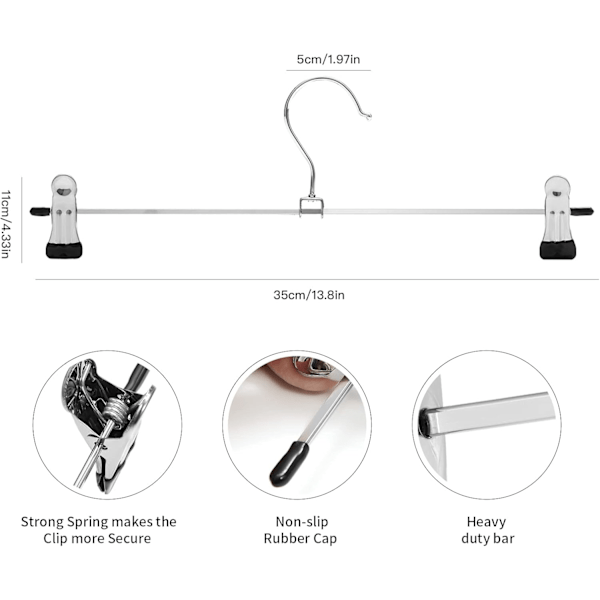 Pakke med 10 metallbukseremsebukserhengere kromfinish lengde 35 cm med 2 flyttbare sklisikre bukse klips stor belastningskapasitet