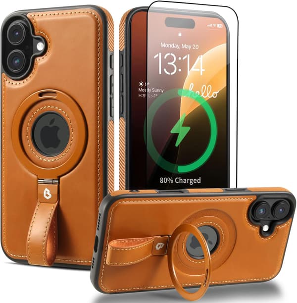 Magnetic Ring Grip Holder for Phone Case | Protective Leather Phone Case | MagSafe Compatible | Built-in Stand iPhone 16 Plus brown