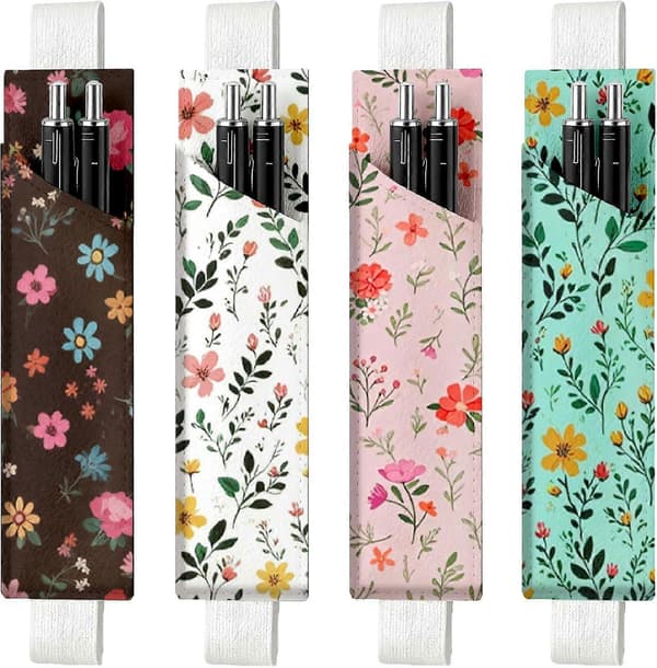4 stk. 4 stilarter elastisk penneholder grøn læder blyantpose til notesbog farverige vilde blomster print justerbart bånd læder pennefutteral kompatibel