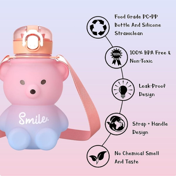 Kawaii björn vattenflaska med sugrör och rem, 800 ml söta gradient färgade vattenflaskor bärbara läckagesäkra BPA-fria drickskoppar för barn flickor