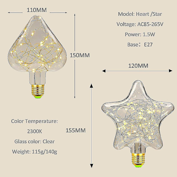 Led E27 Deko Creative Fairy Pære 1.5w Varm Hvid Edison Pære Dekorative Stjerne & Hjerte Belysning Til Jul, Fest, Bryllup