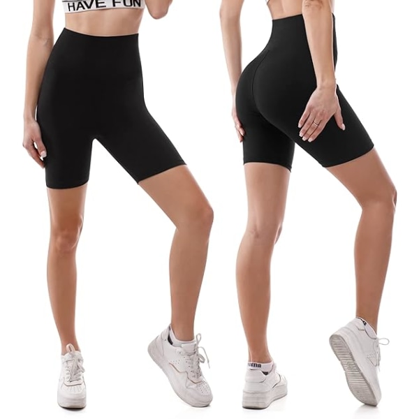 Cykelshorts med hög midja Dam - Magkontroll Smörmjuka Biker Yoga Running Gym Svarta träningsshorts