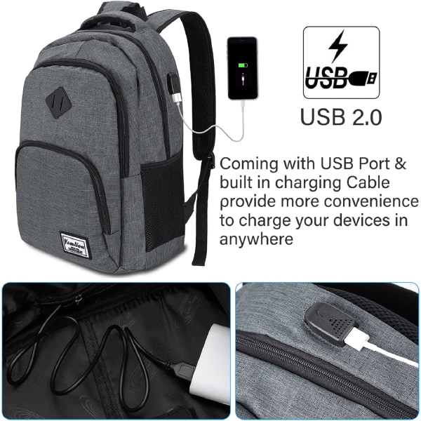 Datorryggsäck Vattentät företagsryggsäck med USB -laddning för högskola/fritid/affärer/skola (mörkgrå)