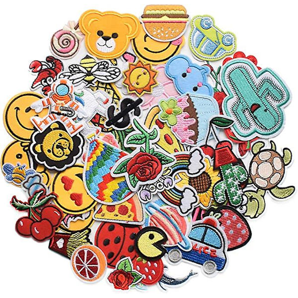 60 broderede stofpatches i R Om-kombination af stilarter