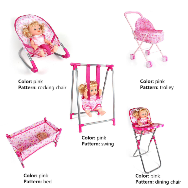 Nytt ankommet dukkevognleketøy, babydukketilbehør, babydukkebarnevogn Spisestuestol Gyngestol Gynge for dukker, sammenleggbar og lett Ki pink