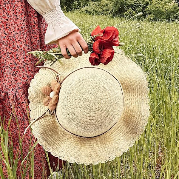 Sæt med solhat og minitaske til piger, sommerhat i strå og minipungesæt, blomsterhat i strå til børn, piger, ferie, udendørs, 54 cm