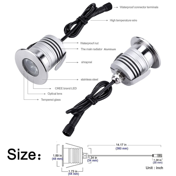 Underwater Bassenglys, 3w, 12v-24v Dc, ip68 Vanntett, rustfritt Stål Aluminium, for Nedgravde Bassenger Trinn Dammer Fontener Og Båter (kjølig Hvit