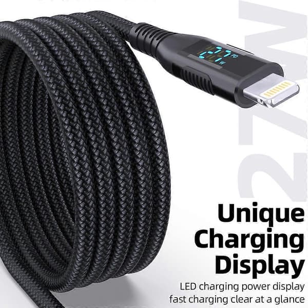 2m USB-C til Lightning-kabel med digitalt display PD 27W hurtiglading nylonflettet ledning Multicolor Blue
