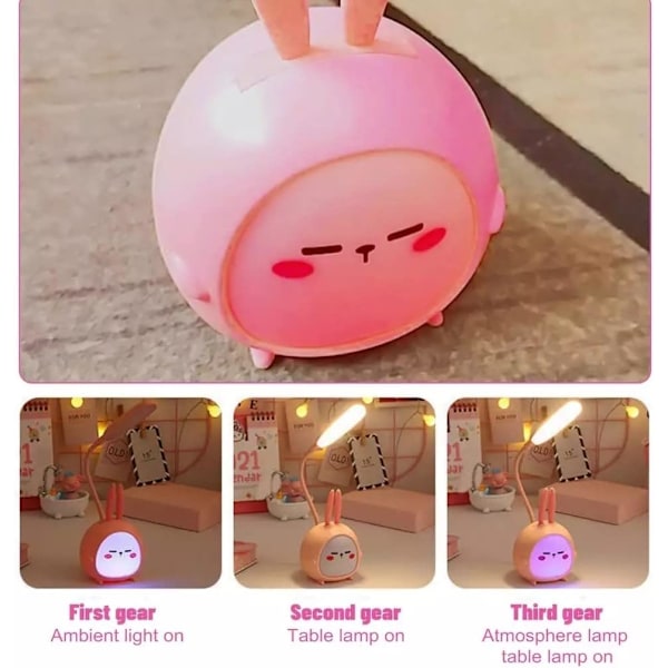 Bærbar LED Skrivebordslampe med Nattlys Søt Kanin Sammenleggbar USB-Lading Leselys for Soverom Barnerom Nattbord Studier pink