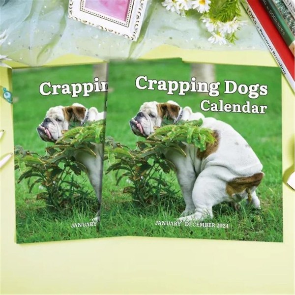 2024-kalender - 12 månedlige pooping-hunde-kalender 2024, jan 2024 - dec 2024, sjove hunde-vægkalender-gag-gaver, perfekt hvid elefantgave