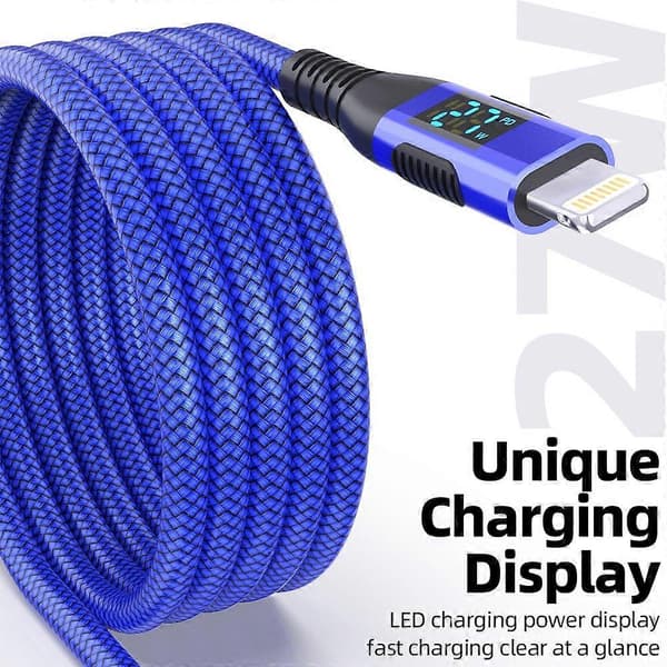 2m USB-C til Lightning-kabel med digitalt display PD 27W hurtiglading nylonflettet ledning Multicolor Red