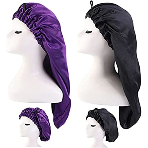 Kvinnor 2-pack Långt satinhårhuv för flickor Silkeslen cap för att sova Stor sömnmössa i cap för långt lockigt hår skydd