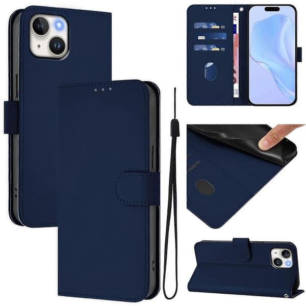Solid Farge Lommebok Lær Telefondeksel med Stropp til iPhone 15 - Nude Multicolor Navy Blue