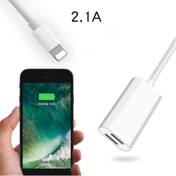 2 stk. Splitter Adapter Hodetelefon Audio & Ladekabel for iPhone 7 8 Plus
