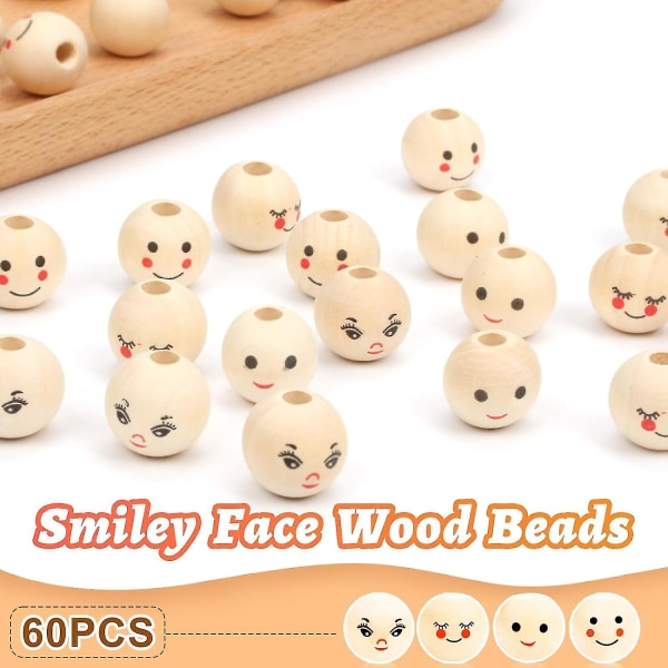 Träkulor med ansikte - 100 träpärlor med smiley (20 mm, runda pärlor för handgjorda dekorationer)