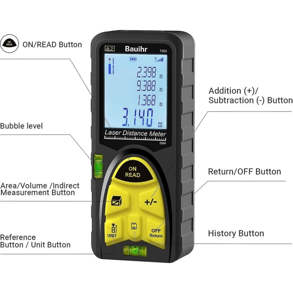 Lasermåler 50m, Laseravstandsmåler 165ft, Bærbar Håndholdt Digital Måleverktøy Med Boble Nivåer, Stor Bakgrunnsbelyst LCD-skjerm Og Vanntett Ip54