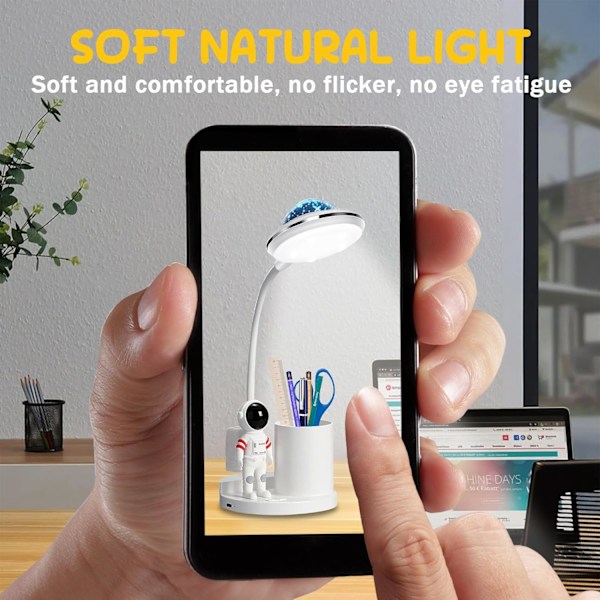 Astronaut Skrivebordslampe til Børn, Stjerne Rum Projektor Galakse Natlampe, Øjenbeskyttende Læse Lille Skrivebordslamper, med Pen Holder Rummand Bordlampe white