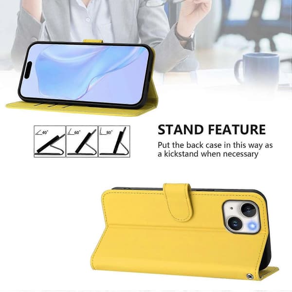 Solid farve tegnebog læder telefoncover med rem til iPhone 15 - Nude Multicolor Lemon