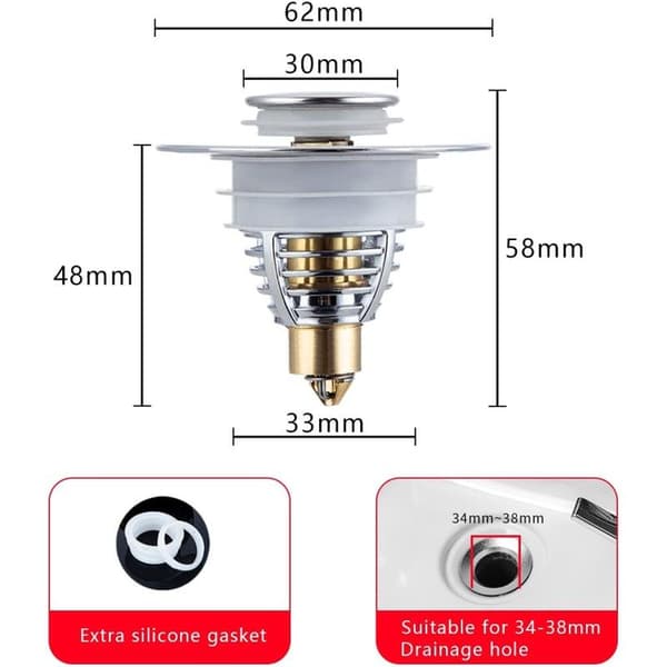 Ø 34-38mm Rustfritt Stål Vaskepropp, Universal Pop-up Sin
