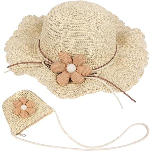 Jentesolhatt og miniveske-sett, sommerstrand stråhatt og miniveske-sett, blomsterstråhatt for barn jenter ferie utendørs 54cm