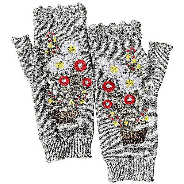 Stretchy blomsterbroderede håndvarmere fingerløse strikkede handsker Blød vante Gray