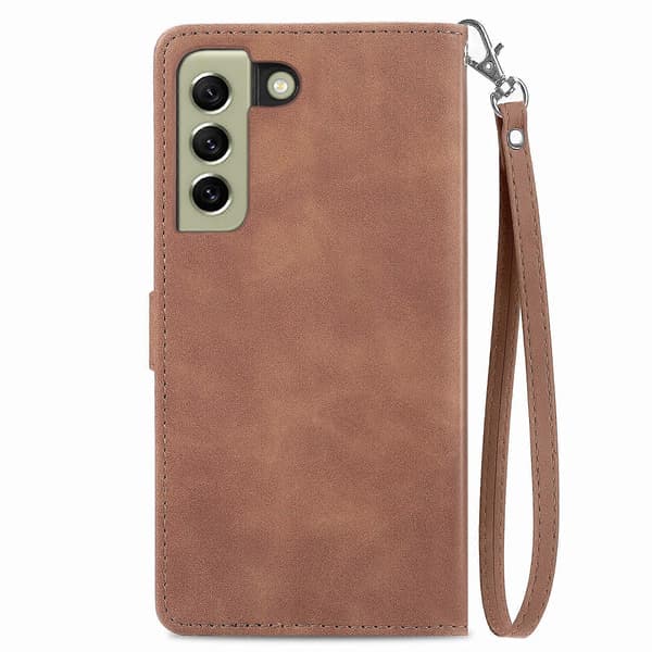 För Samsung Galaxy S21 FE 5G Präglad Blommig Stötsäker Läderfodral Brown