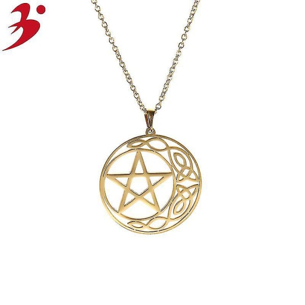 Ruostumattomasta teräksestä valmistettu pentacle riipus kaulakoru Pentagram Celtic Knot tähti ympyrä puolikuu charmia korut Gold