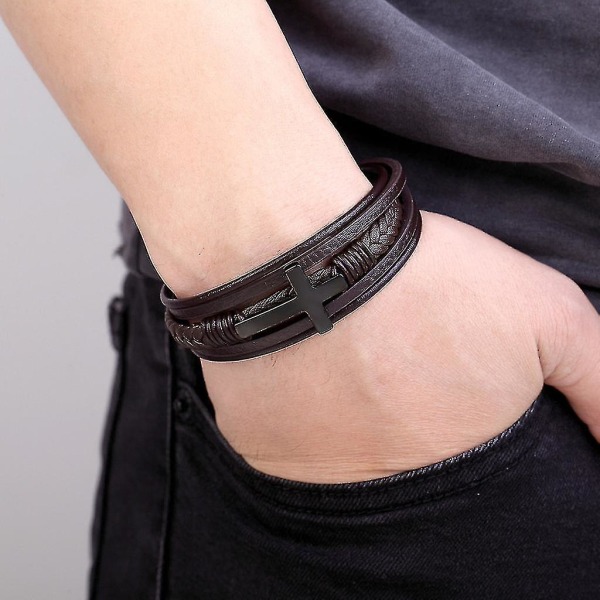 Rostfritt stål kors armband bangle för män guld silver svart läderband 20
