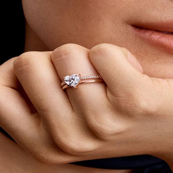 Pandora - Dobbelt Række Hjerte Ring - 14k Rosaguld Plating Circumference: 54mm
