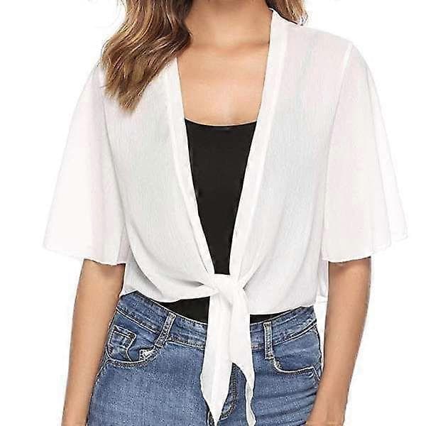 Ensfarget kortermet chiffonkjole for kvinner Bryllupskappe Myk chiffon Plus Size white M