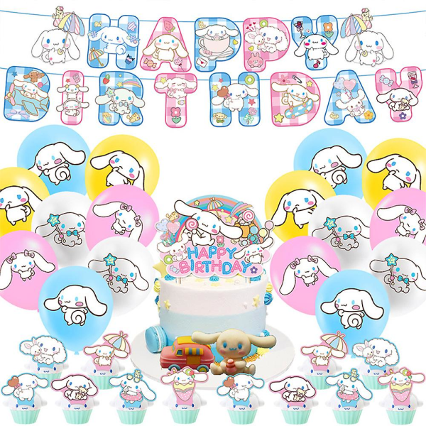 Kawaii Cinnamoroll tema tegnefilm børnefødselsdagsfest dekoration, inkluderer fødselsdagsbanner, balloner, hvalpe cupcake kage toppers