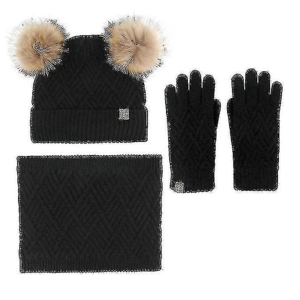 Barnmössa Halsduk Vantar Set Vinter Stickad 3 Set Black