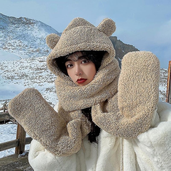 3 i 1 hat tørklæde handsker sæt vinter varme søde bjørneører Plys hættetrøje kasket afslappet Solid tyk bomuld