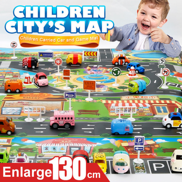 Lapset leikkivät Mat City Road Buildings Pysäköintikartta Peli Kohtauskartta liikennemerkeillä