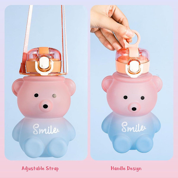 Kawaii björn vattenflaska med sugrör och rem, 800 ml söta gradient färgade vattenflaskor bärbara läckagesäkra BPA-fria drickskoppar för barn flickor