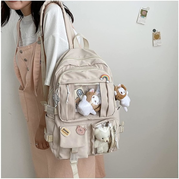 Kawaii rygsæk med bjørnevedhæng, tilbage til skoleartikler, japanske søde nåle, stor kapacitet lærreds bærbar skoletaske (khaki)