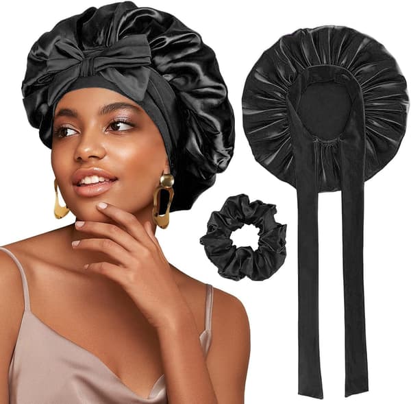 Satin Bonnet, Silke Søvn Bonnets til Kvinder, Justerbar Satin Nattehætte Blød Elastisk Bånd Silke Bonnets til Sovning, Hår Bonnet med Bindebånd black
