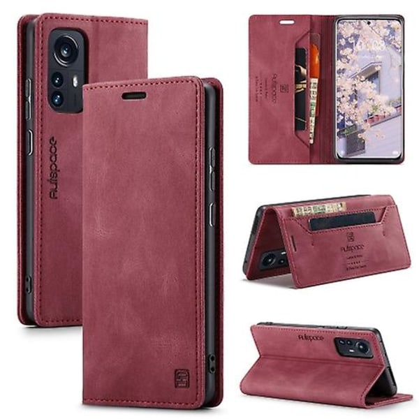 För Xiaomi 12 Pro Autspace A01 Retro hudkänsla Crazy Horse Rfid phone case Wine Red