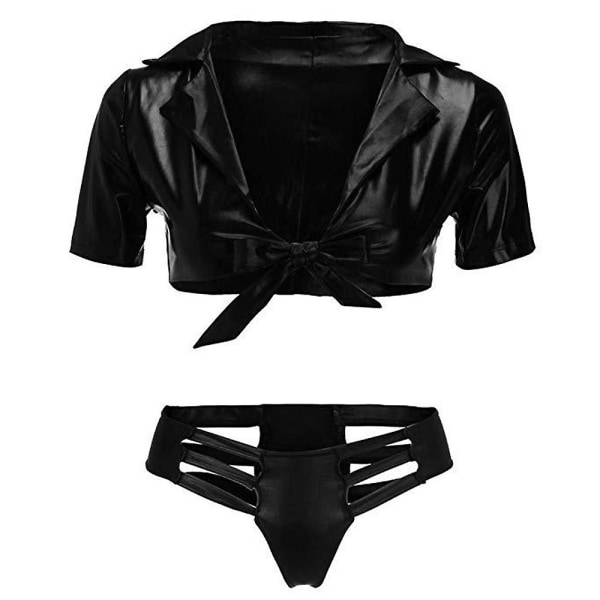 Sexiga kvinnor Wet Look Cropped Top + Hollow Out G-string Strings Underkläder Set Sovkläder Nattkläder L