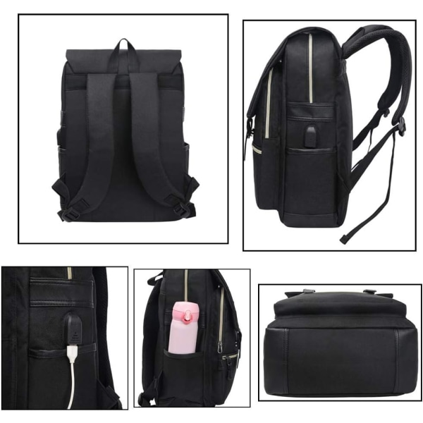Collegebag Passer opptil 15,6 tommers bærbar ryggsekk Vanntett Business Travel Skoleryggsekk Dagsekker med USB Unisex (All Black) All Black